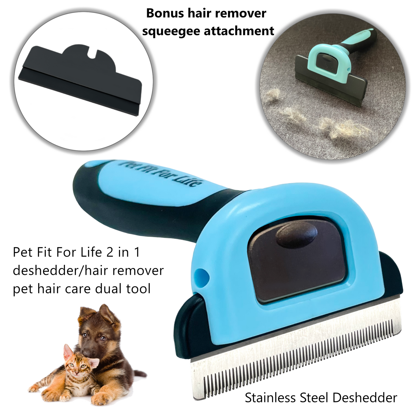 2-in-1 Dog/Cat Hair Tool - Deshedding, Dematting Brush and Fur Remover Squeegee Combo