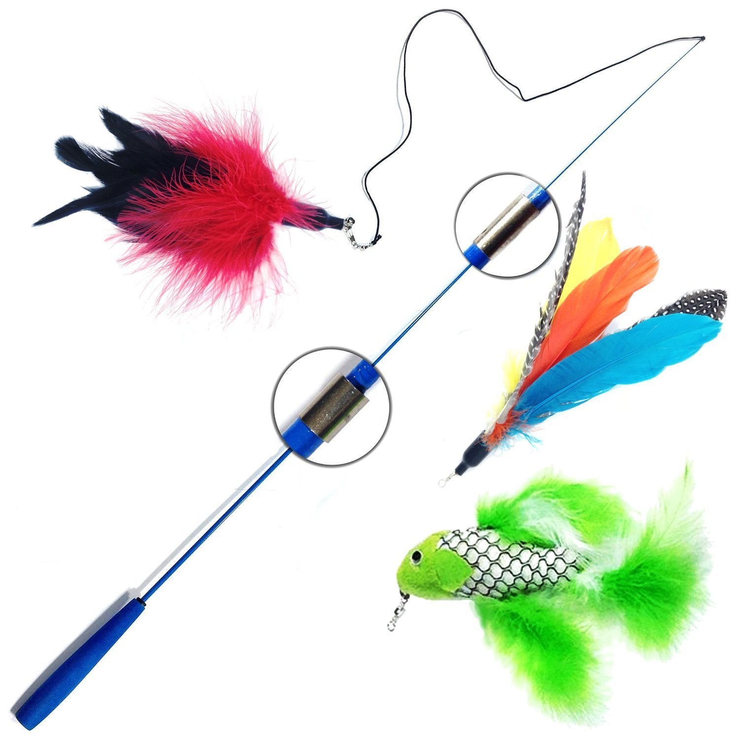 Pet Fit for Life Retractable Interactive Cat or Kitten Wand with 2 Feathers and 1 Soft Furry Combo