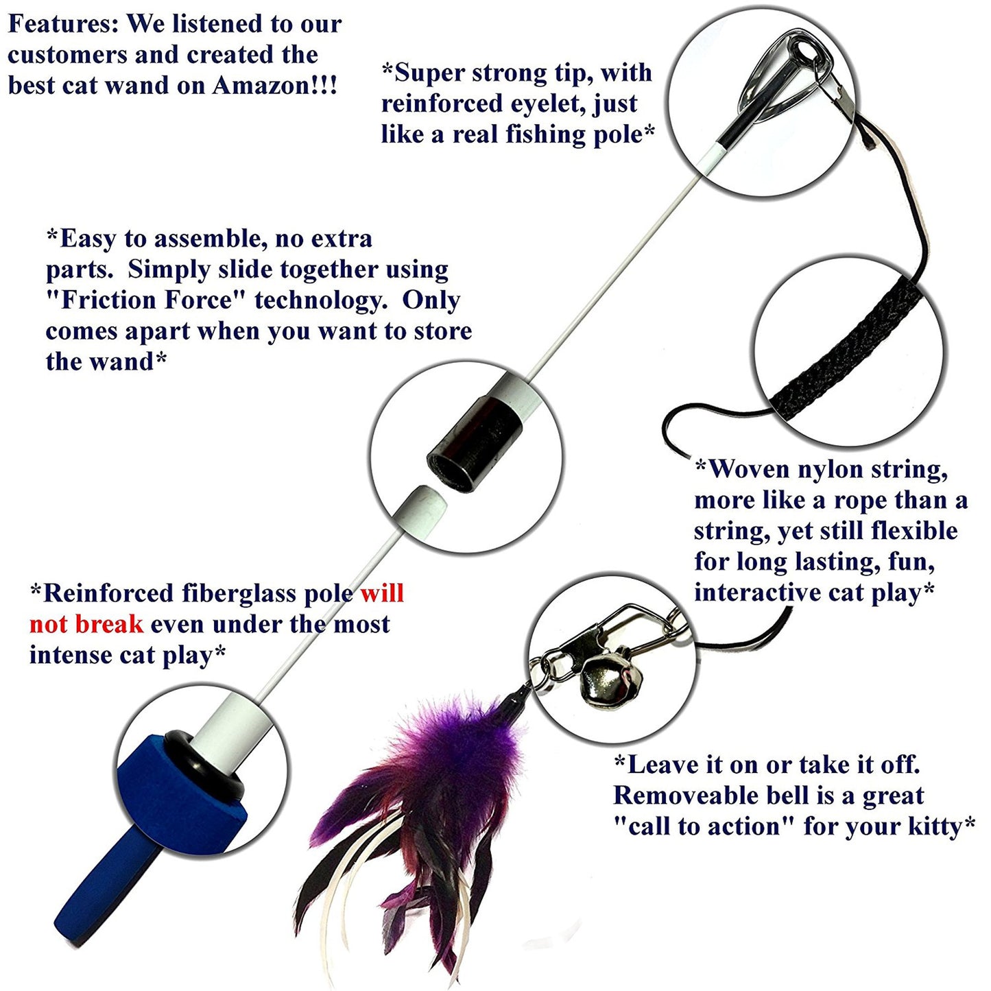 Cat Wand with 2 Feathers - Red, Purple