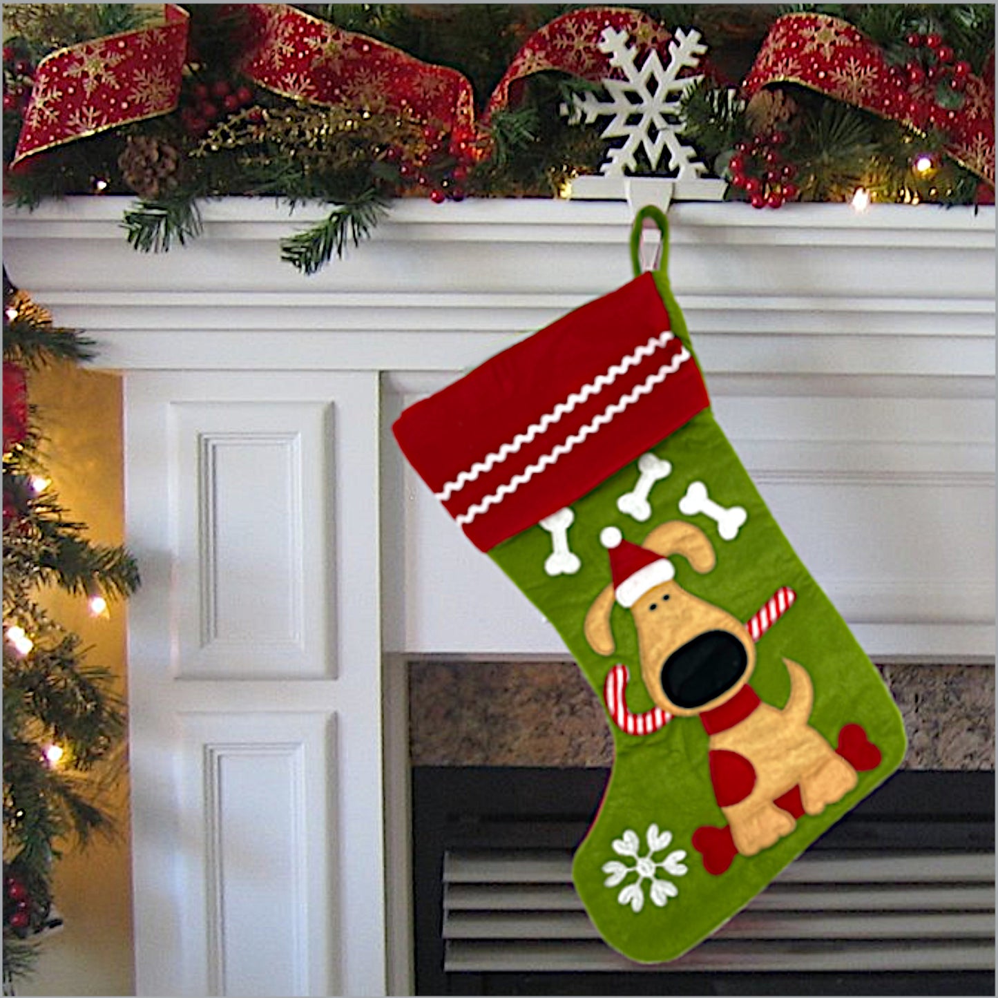Dog Christmas Embroidered Stocking and 4 Bonus Rope Bones