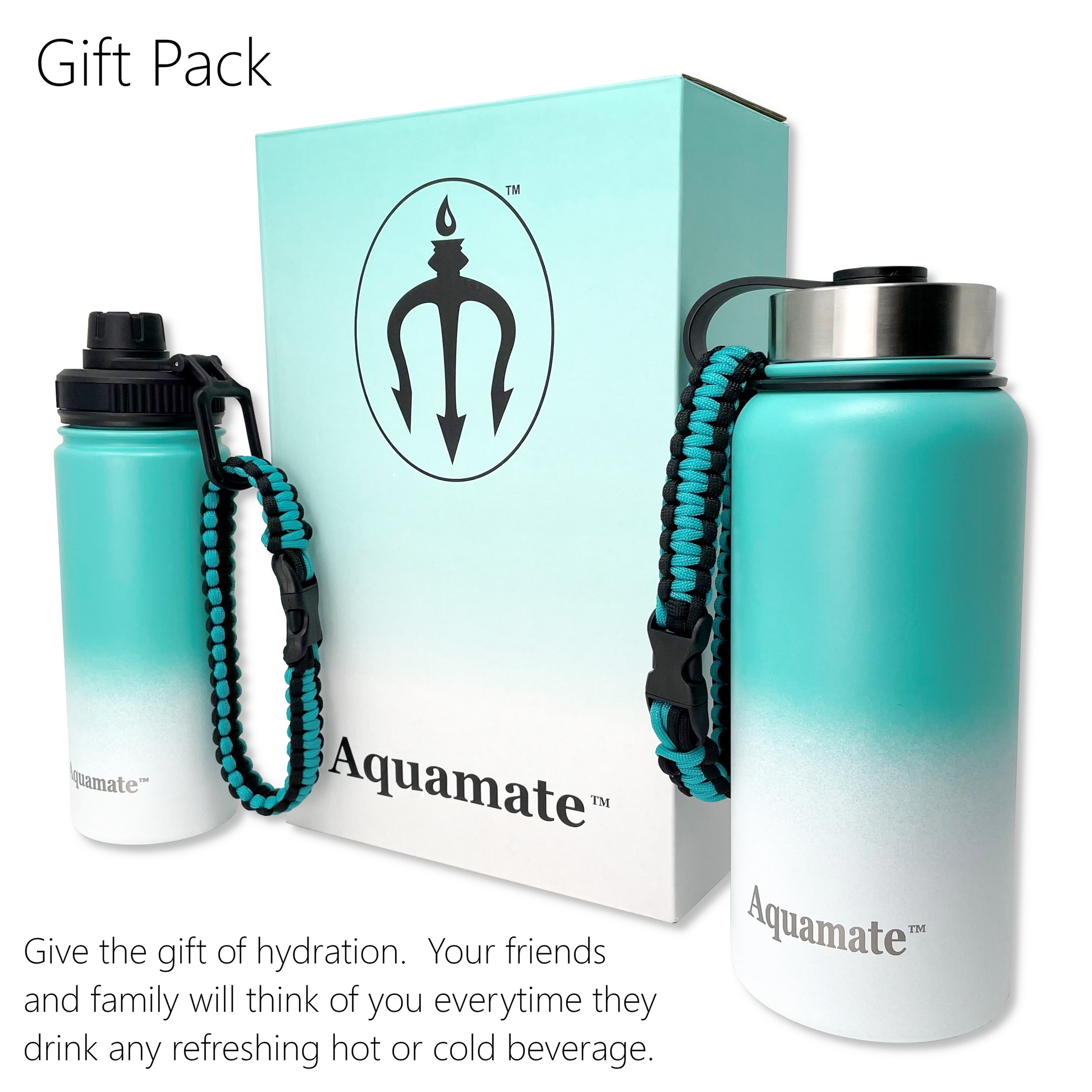 Aquamate Sports Water Bottle New Gift Combo 2-Pack (32oz and 18oz) Insulated Stainless Steel Iron Thermo Double Walled Hydro Mug, 4 Lids and Carrying