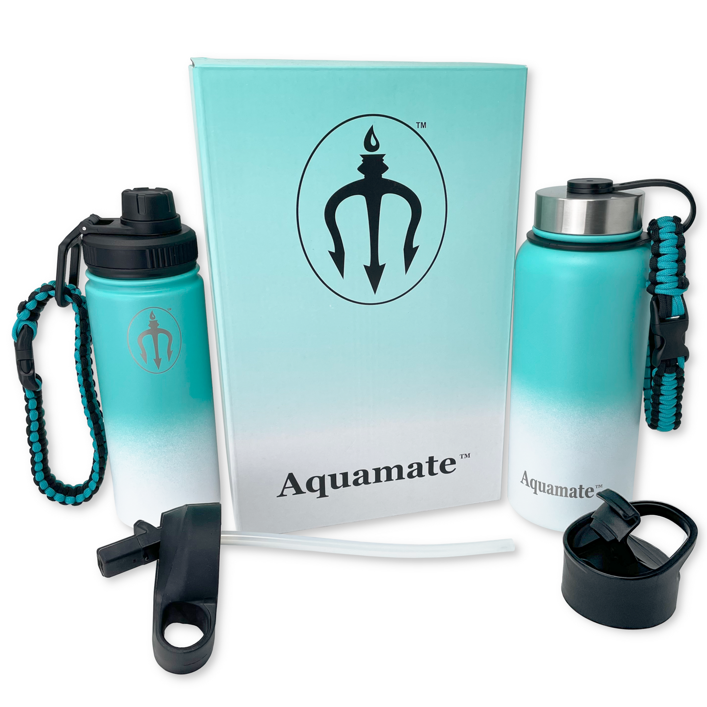 Aquamate Sports Water Bottle New Gift Combo 2-Pack (32oz and 18oz) Insulated Stainless Steel Iron Thermo Double Walled Hydro Mug, 4 Lids and Carrying