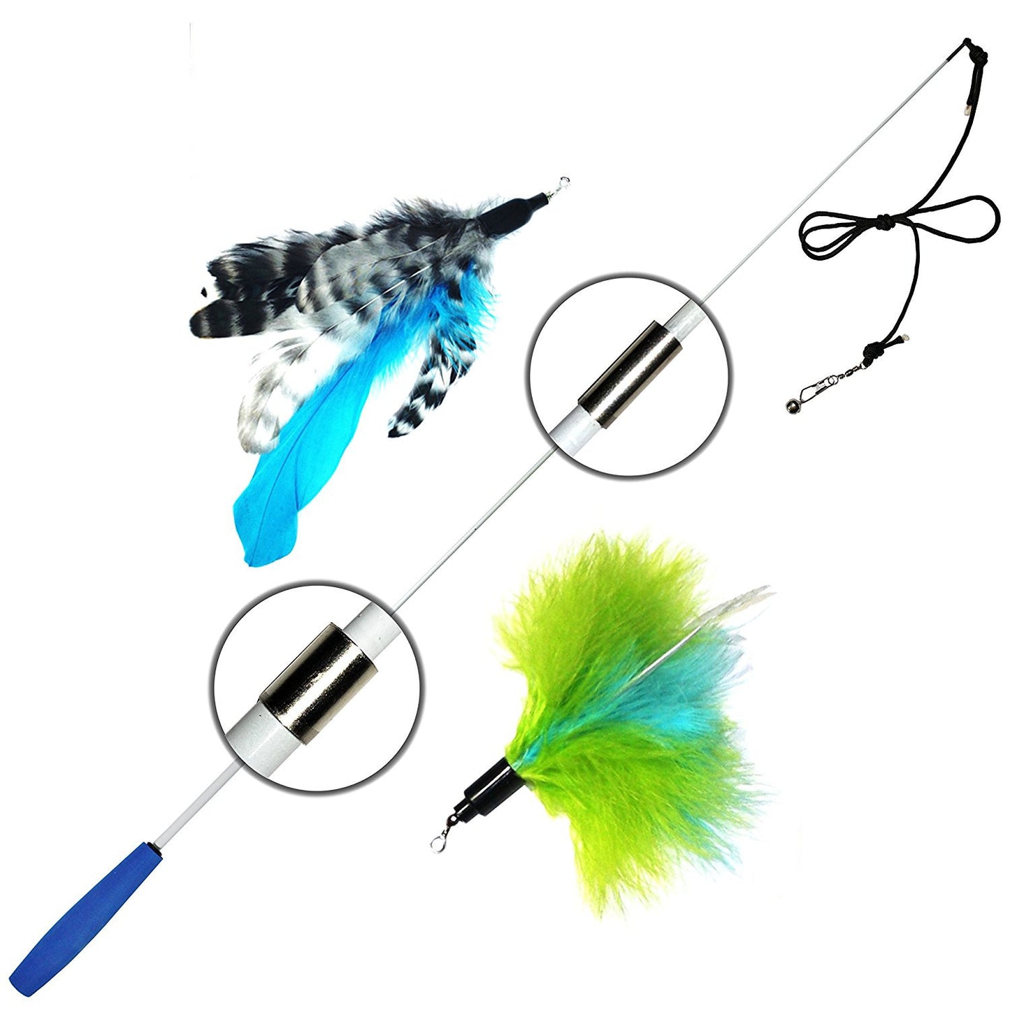 Cat Wand with 2 Feathers - Blue,Green