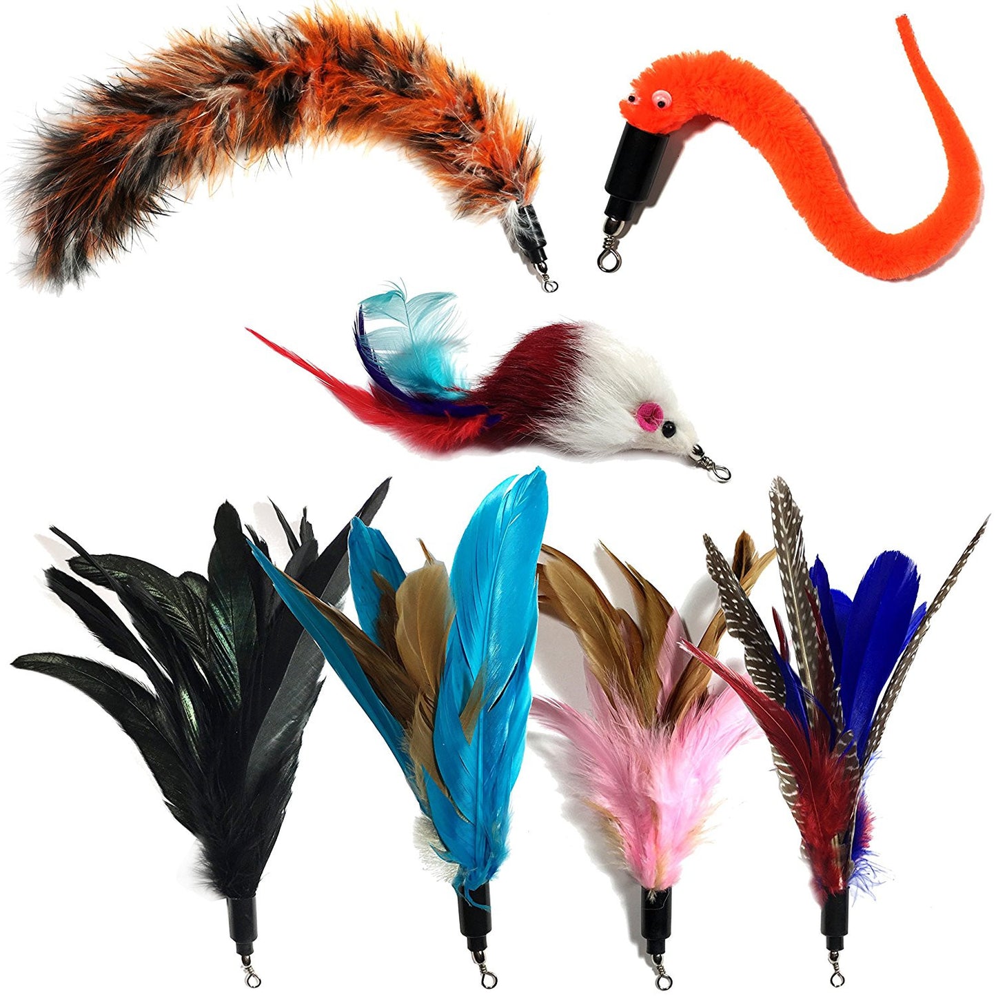 Cat Wand Attachments - 4 Feathers, 1 Mouse, 1 Worm