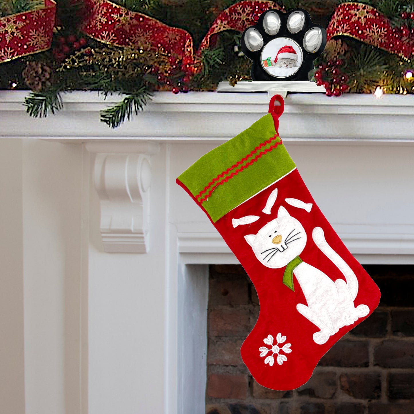 Cat Christmas Photo Stocking Hanger with Bonus Embroidered Stocking