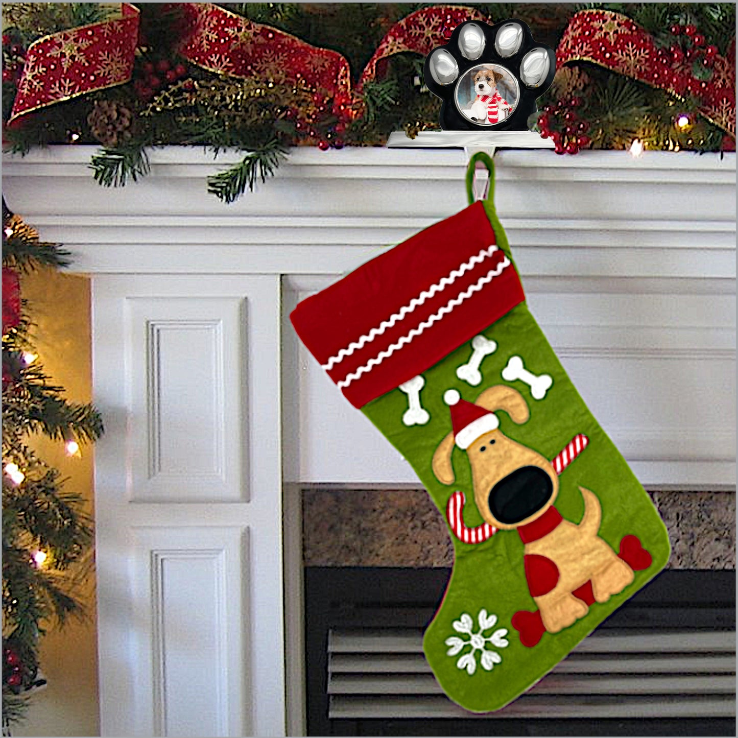 Dog Christmas Photo Stocking Hanger with Bonus Embroidered Stocking