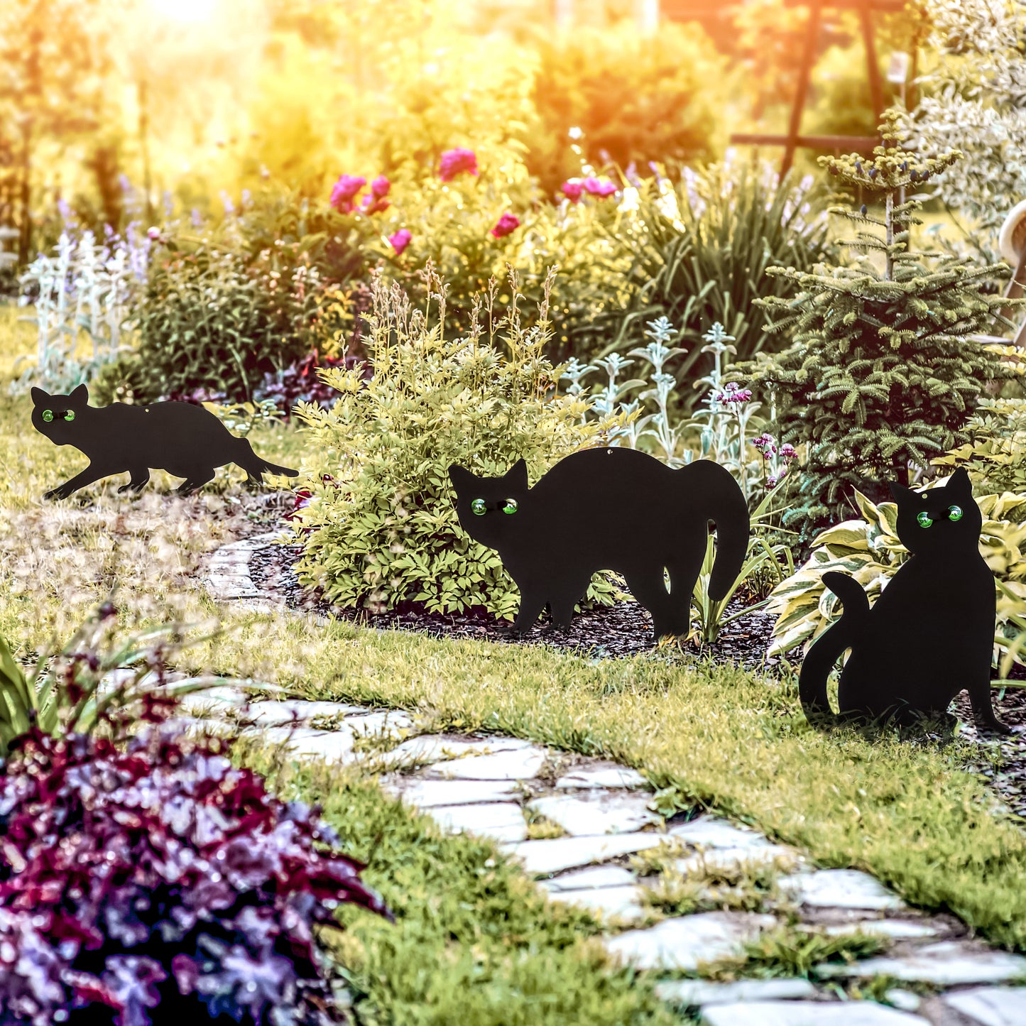 3 Garden Scare Black Cats Gift