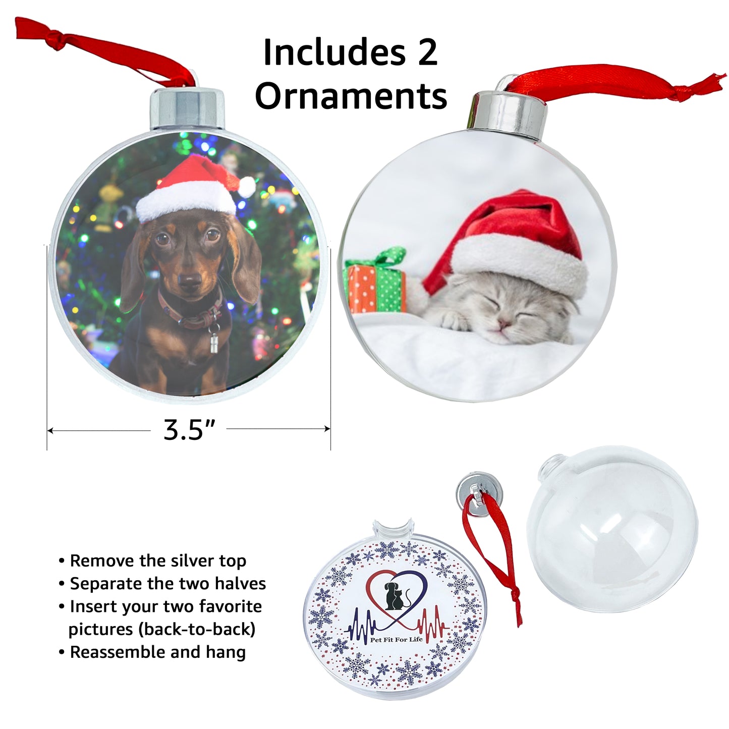 Christmas Picture Ornament 2-Pack: Dog, Cat, any Pet