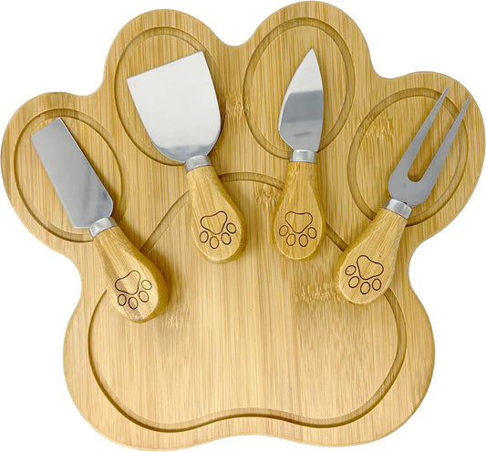 Bamboo Paw Serving Board and 4 Cheese Spreaders Gift
