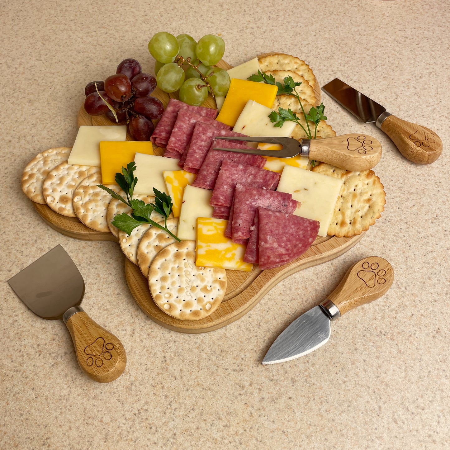 Bamboo Paw Serving Board and 4 Cheese Spreaders Gift