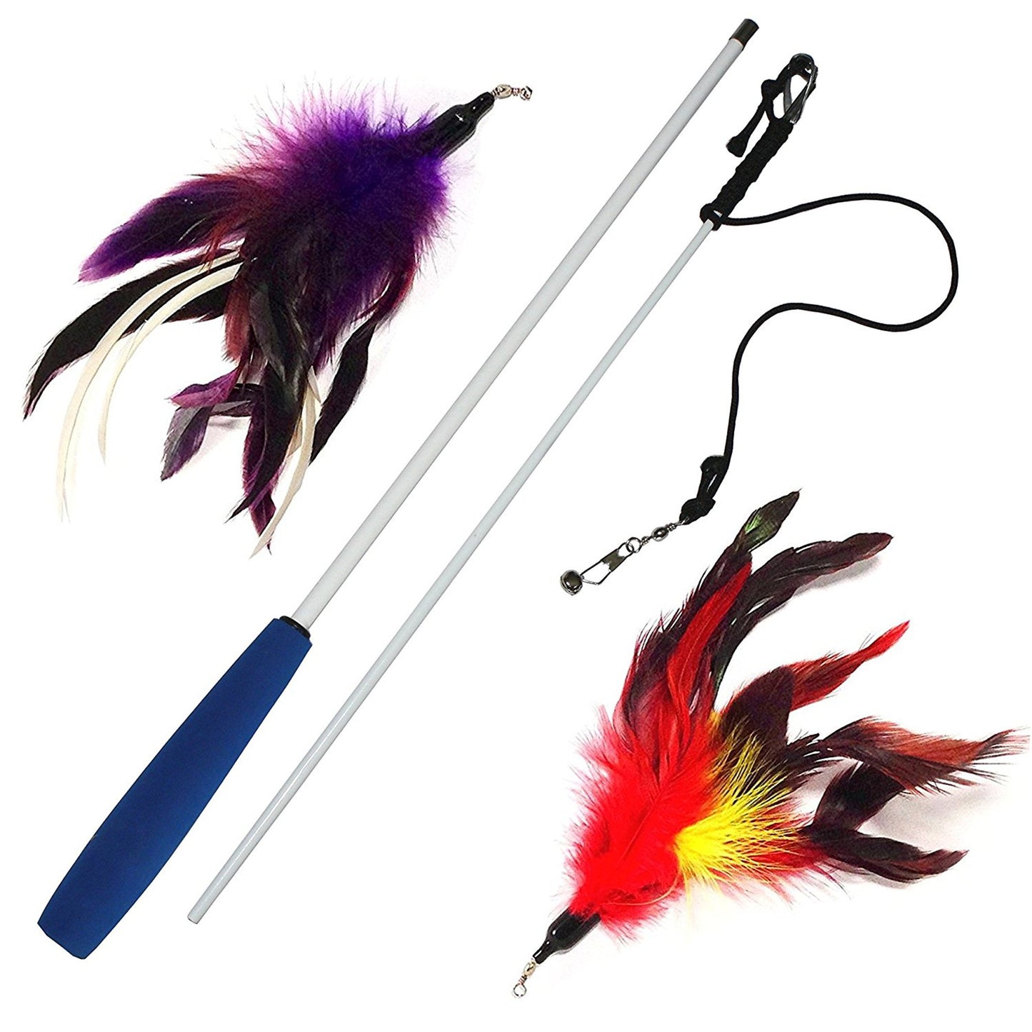 Cat Wand with 2 Feathers - Red, Purple