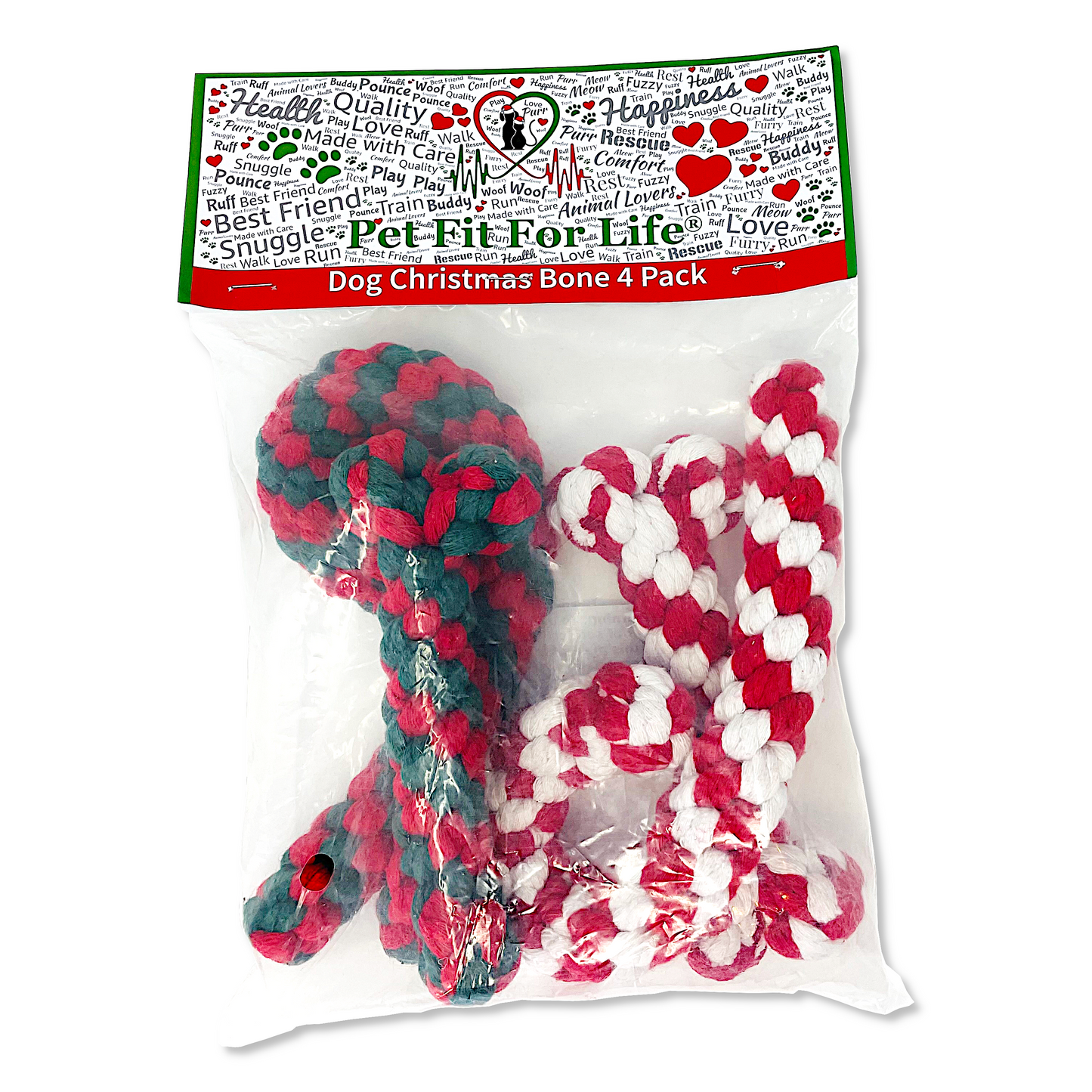 Dog Christmas Rope Chew Toy 4-Pack, Candy Cane and Bone Shapes