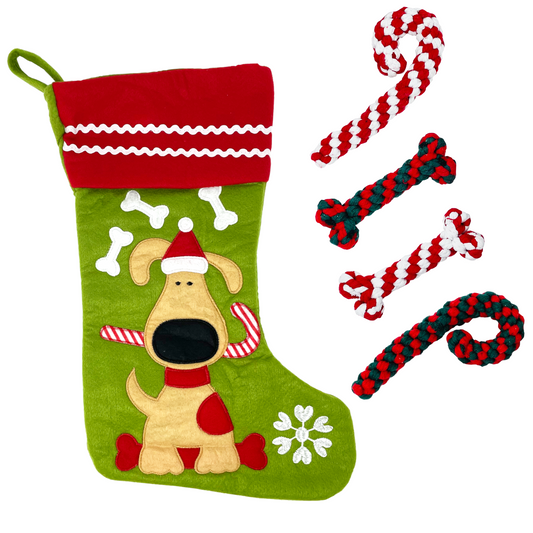 Dog Christmas Embroidered Stocking and 4 Bonus Rope Bones