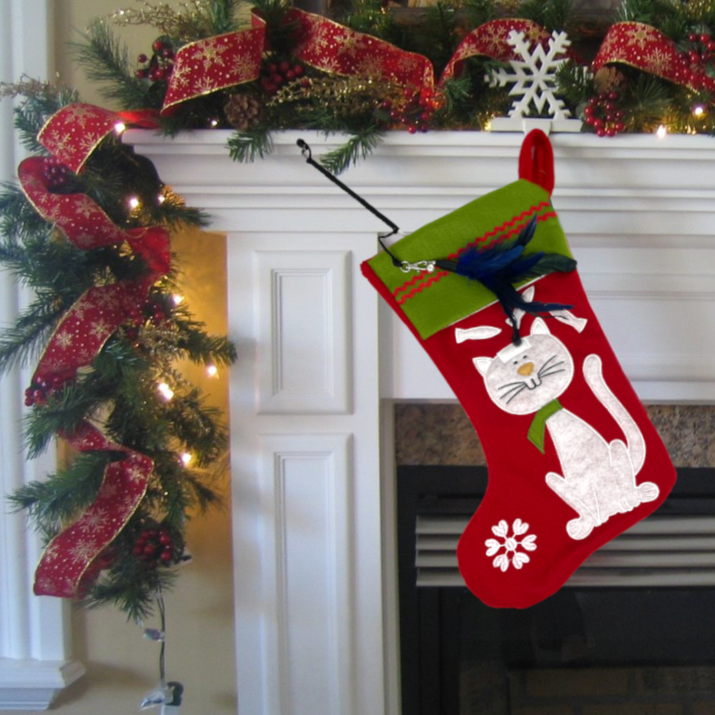 Cat Christmas Embroidered Stocking and Bonus Cat Wand